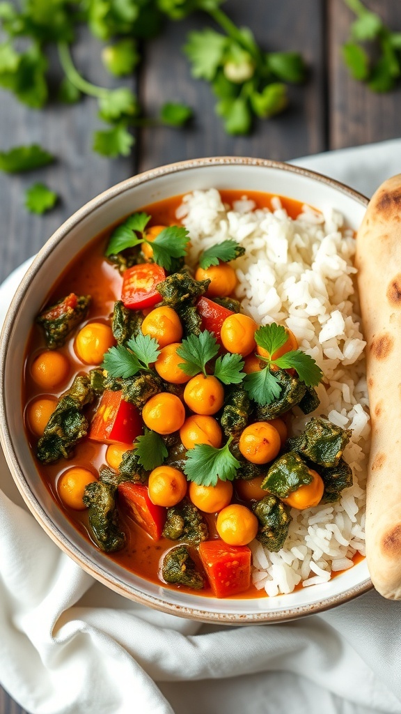 A bowl of spicy kale and chickpea curry garnished with cilantro, served with rice and naan.